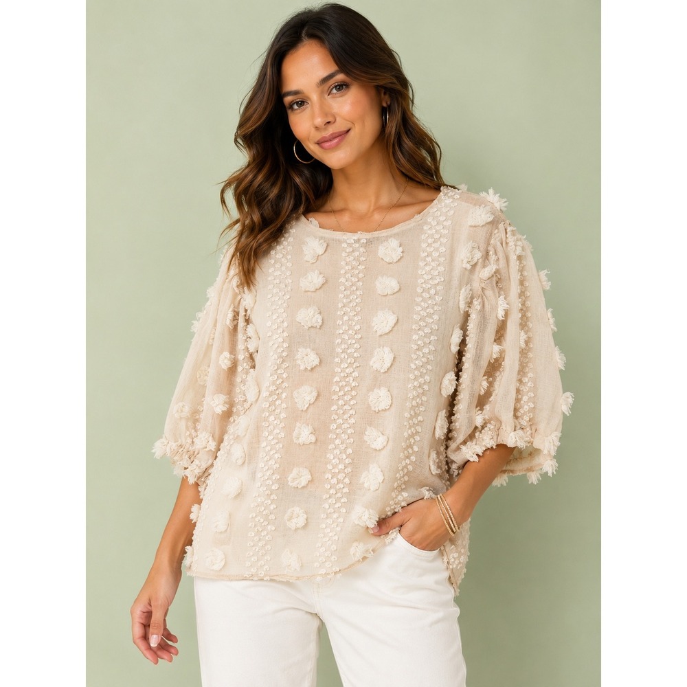 The Line of Style Blouse Womens L Beige Swiss Dot Puff Sleeve Boho Ethereal